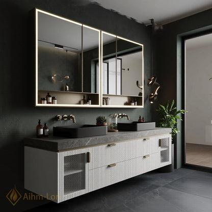 70''-96'' Double Bathroom Vanity with Sink Floating Fluted Ribbed Frosted Glass Panels