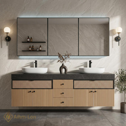 70''-96'' Double Bathroom Vanity with Sink Modern Floating Warm Oak Rattan Weave
