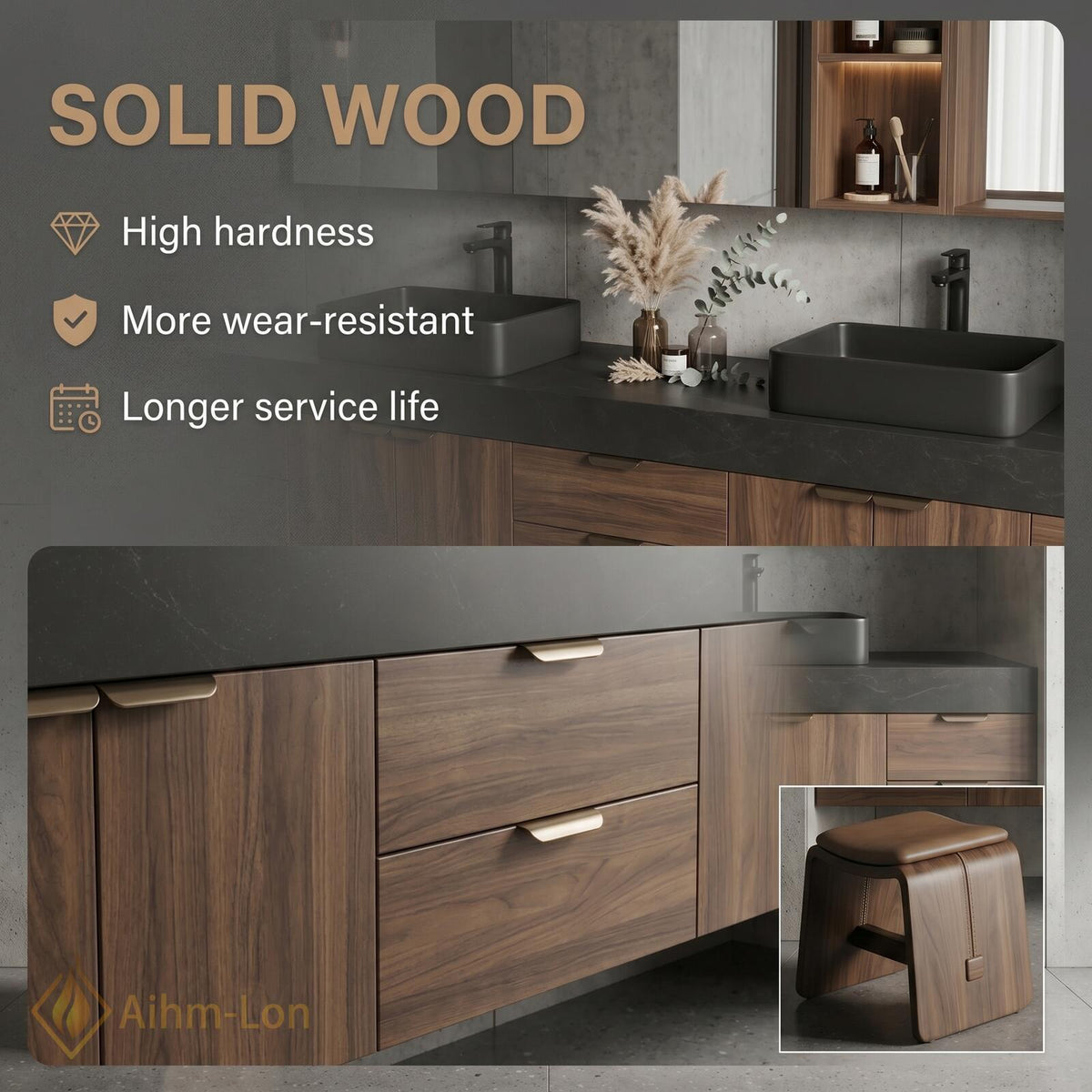 60''-96'' Double Bathroom Vanity with Sink Modern Floating Warm Wood Texture Integrated