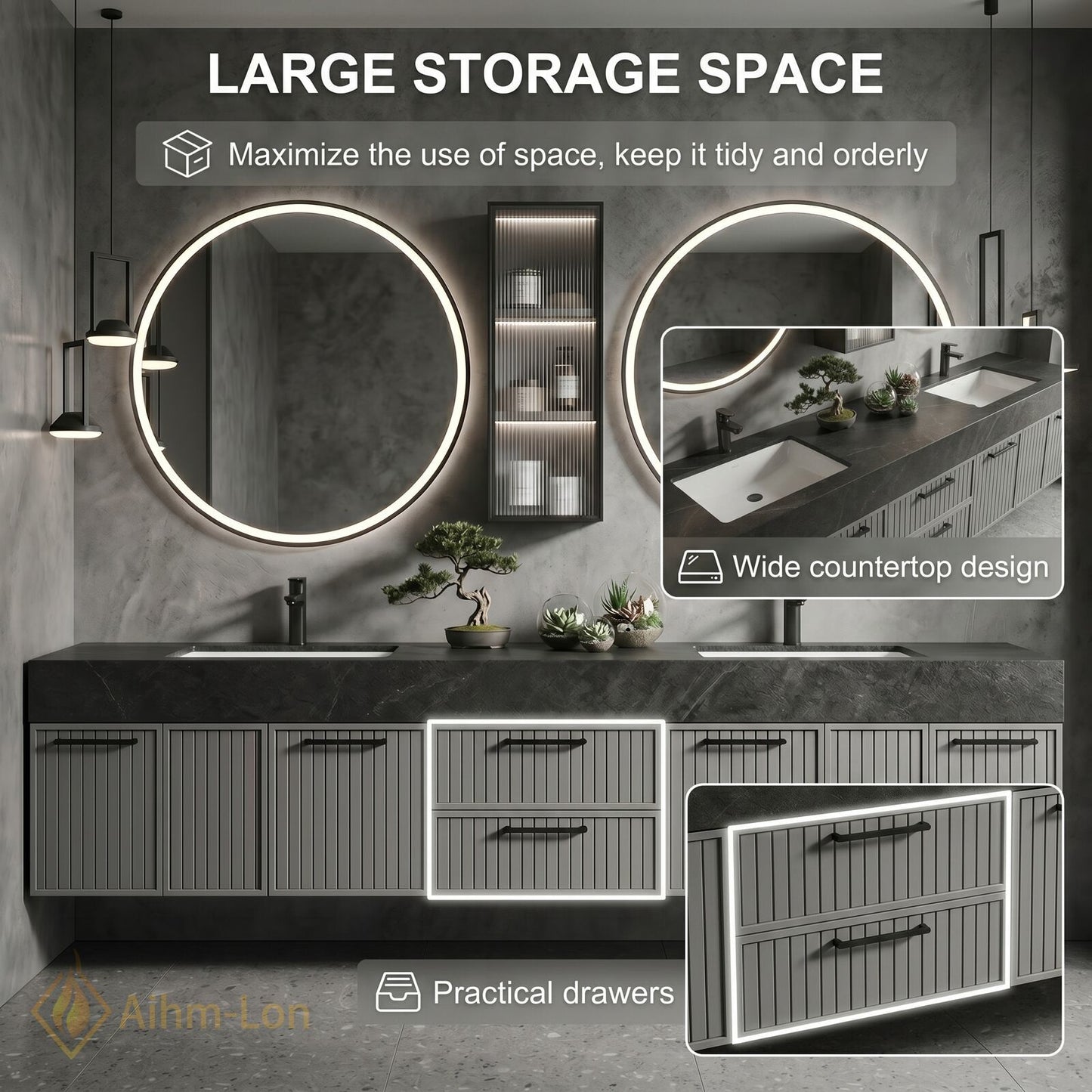 60''-96'' Bathroom Vanity with Sink Vertical Slatted Doors Slate Texture Top Floating