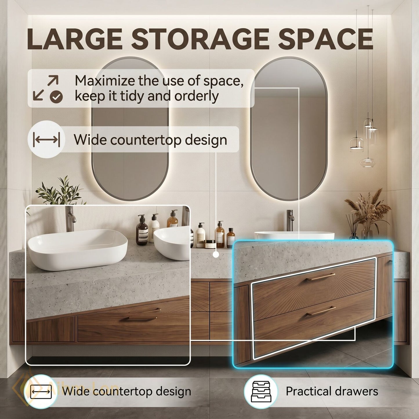 60''-96'' Double Bathroom Vanity with Sink Wall-Mounted Wall-Mount Wood-Grain Radiant Drawer Fronts