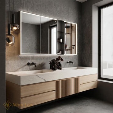 60''-96'' Double Bathroom Vanity with Sink Slatted Center Panel Light Wood Finish