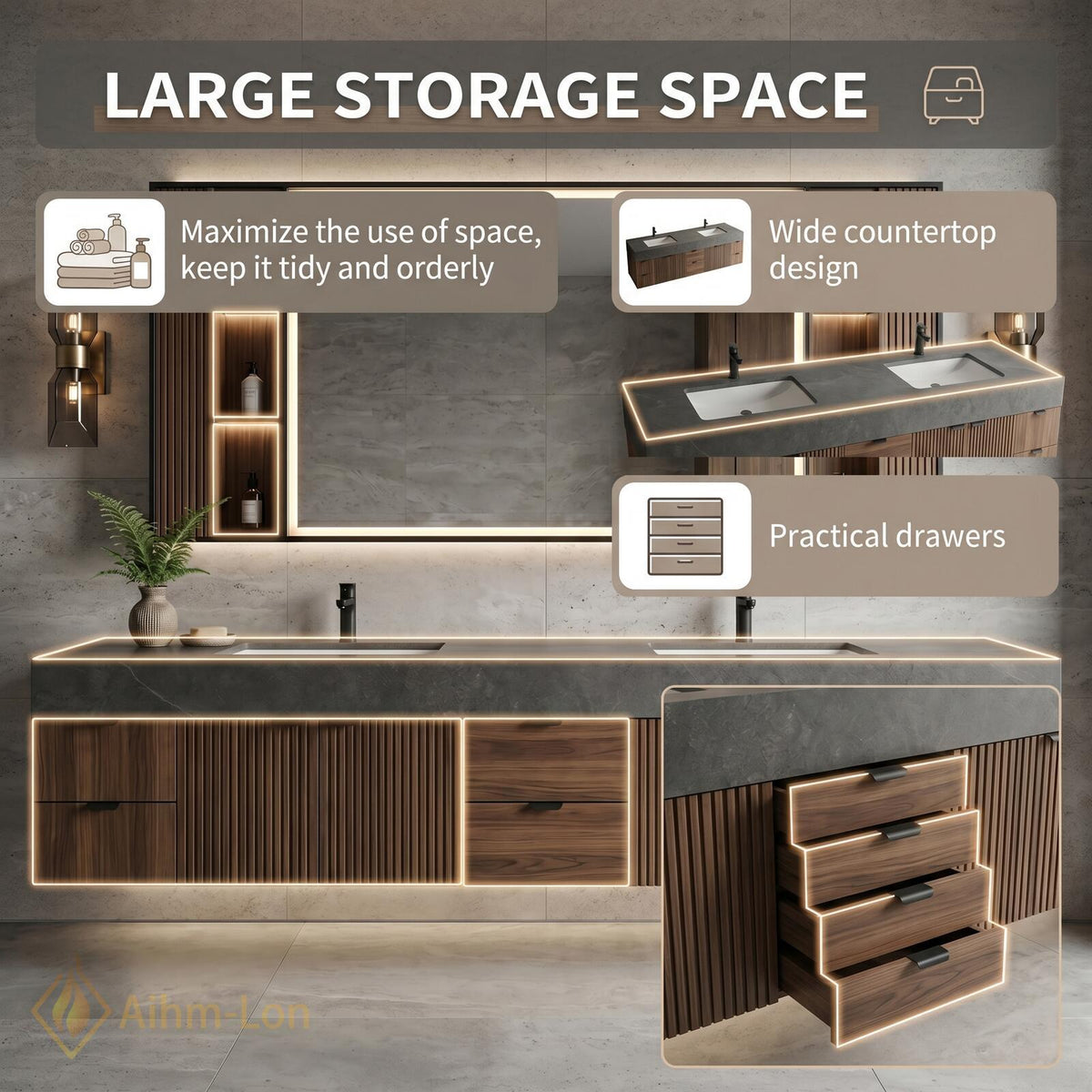 60''-96'' Double Bathroom Vanity with Sink Modern Slatted Dark Walnut Floating Finish