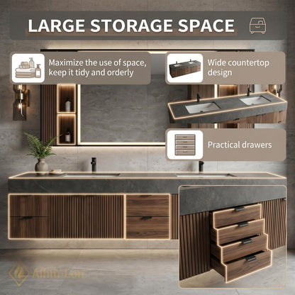 60''-96'' Double Bathroom Vanity with Sink Modern Slatted Dark Walnut Floating Finish
