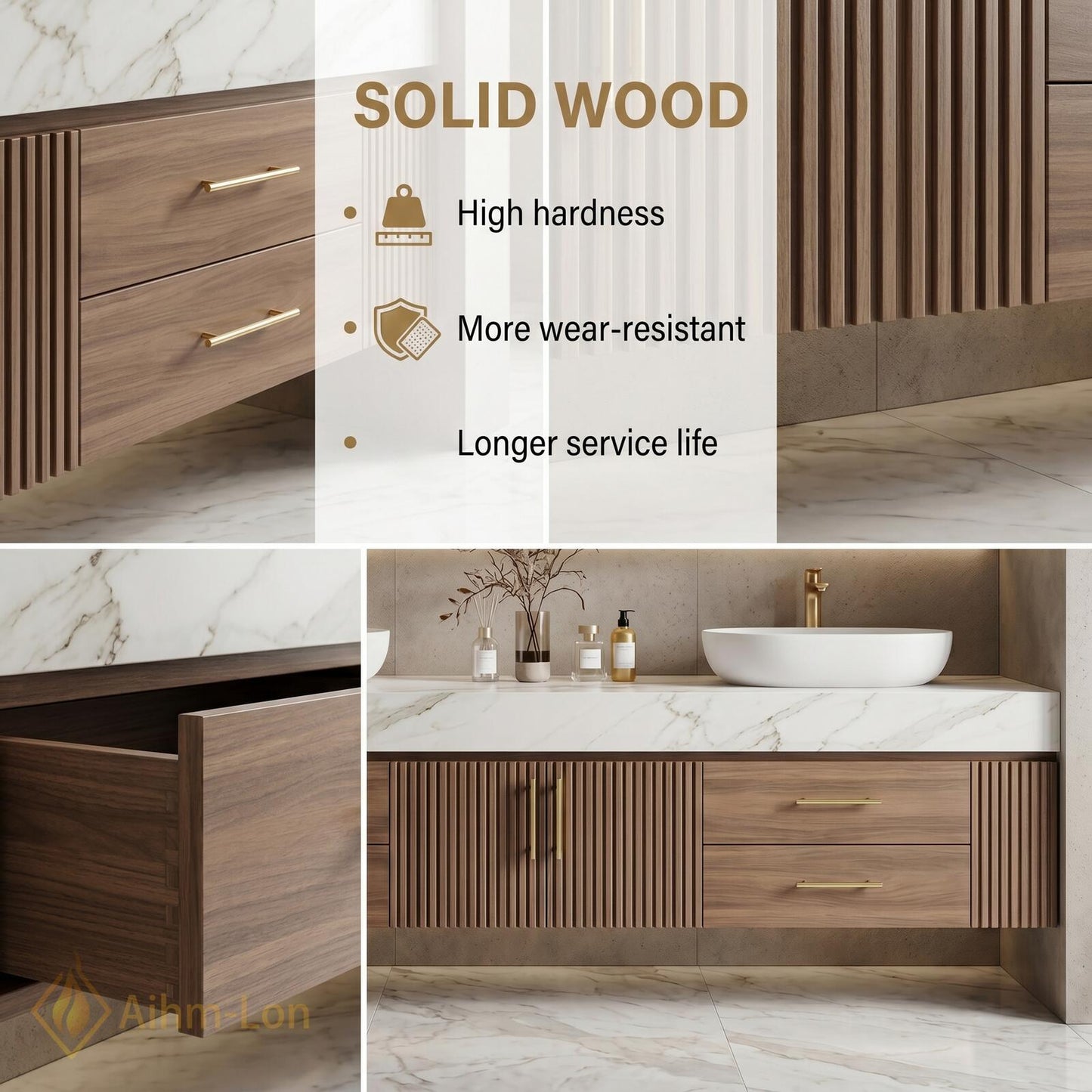 60''-96'' Modern Floating Bathroom Vanity with Sink White Marble Ridged Wood Front