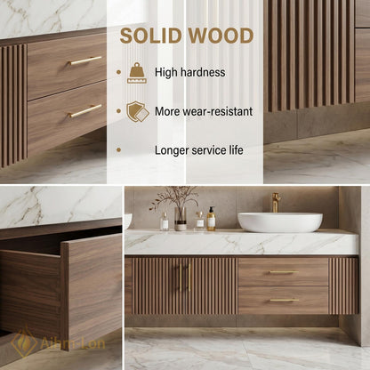 60''-96'' Modern Floating Bathroom Vanity with Sink White Marble Ridged Wood Front