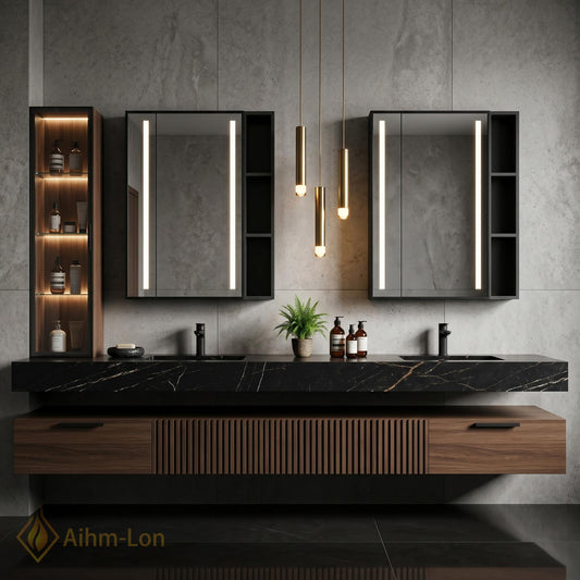 60''-96'' Bathroom Vanity with Sink Floating Dark Walnut Finish Vented Slatted Panel