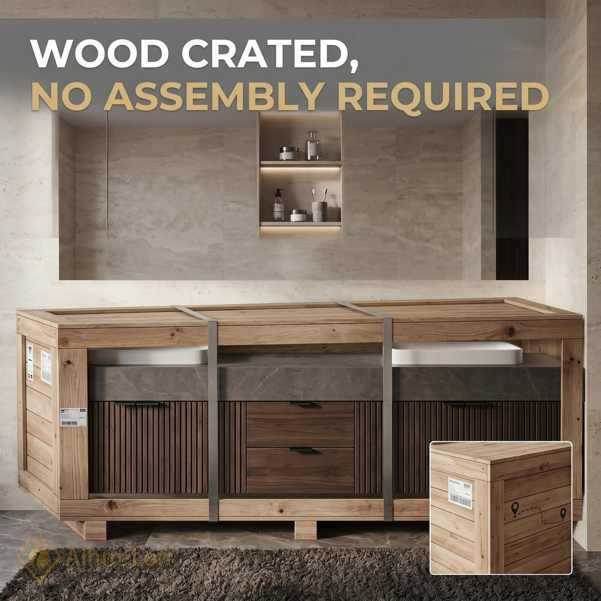 60''-96'' Modern Floating Bathroom Vanity with Sink Dark Walnut Slatted Center Panel