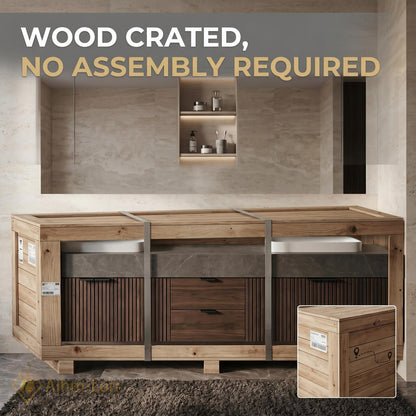 60''-96'' Modern Floating Bathroom Vanity with Sink Dark Walnut Slatted Center Panel