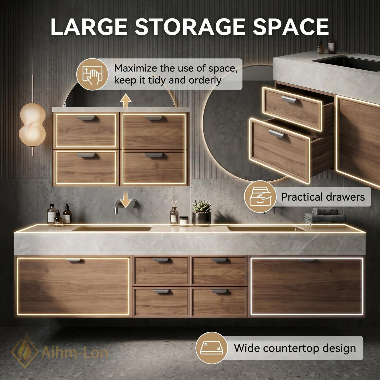 60''-96'' Double Bathroom Vanity with Sink Modern Floating Slatted-Panels Drawers Front