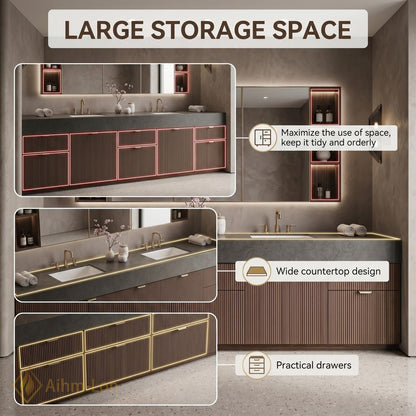60''-96'' Double Bathroom Vanity with Sink Floating Dark Walnut Slatted Center Open