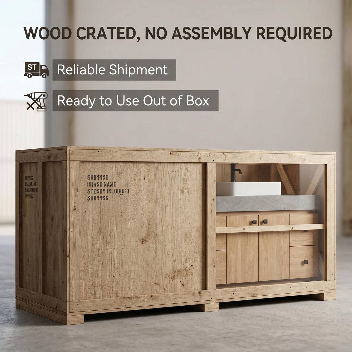 60''-96'' Double Bathroom Vanity with Sink Modern Floating Stone-Textured Wood Grain Finish
