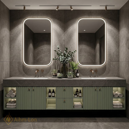 78''-96'' Double Bathroom Vanity with Sink Grooved Cabinet Doors Stone-Textured Top Stone