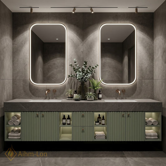 78''-96'' Double Bathroom Vanity with Sink Grooved Cabinet Doors Stone-Textured Top Stone