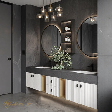 78''-96'' Double Bathroom Vanity with Sink Ribbed Front Panels Dark Stone Effect