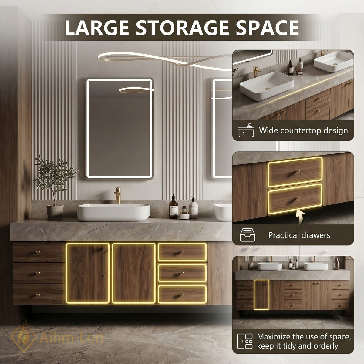78''-96'' Double Bathroom Vanity with Sink Wide Marble Countertop Deep Drawers Storage