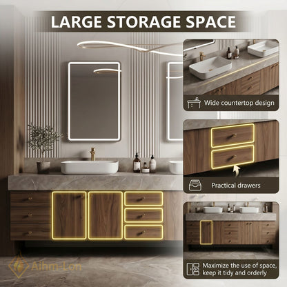 78''-96'' Double Bathroom Vanity with Sink Wide Marble Countertop Deep Drawers Storage