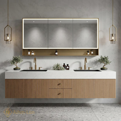 60''-96'' Double Bathroom Vanity with Sink Natural-Wood White Modern Floating Top