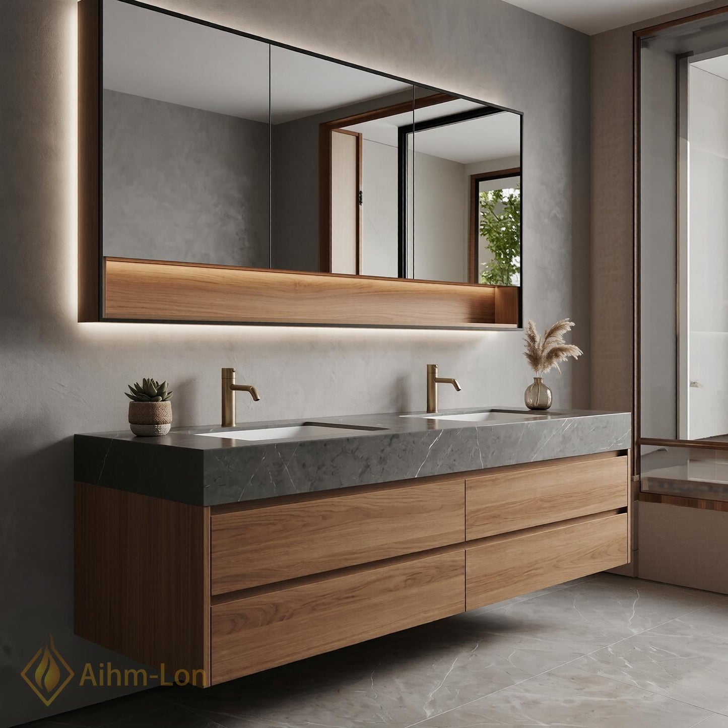 60''-96'' Double Bathroom Vanity with Sink Modern Floating Gray Marble Slatted Front