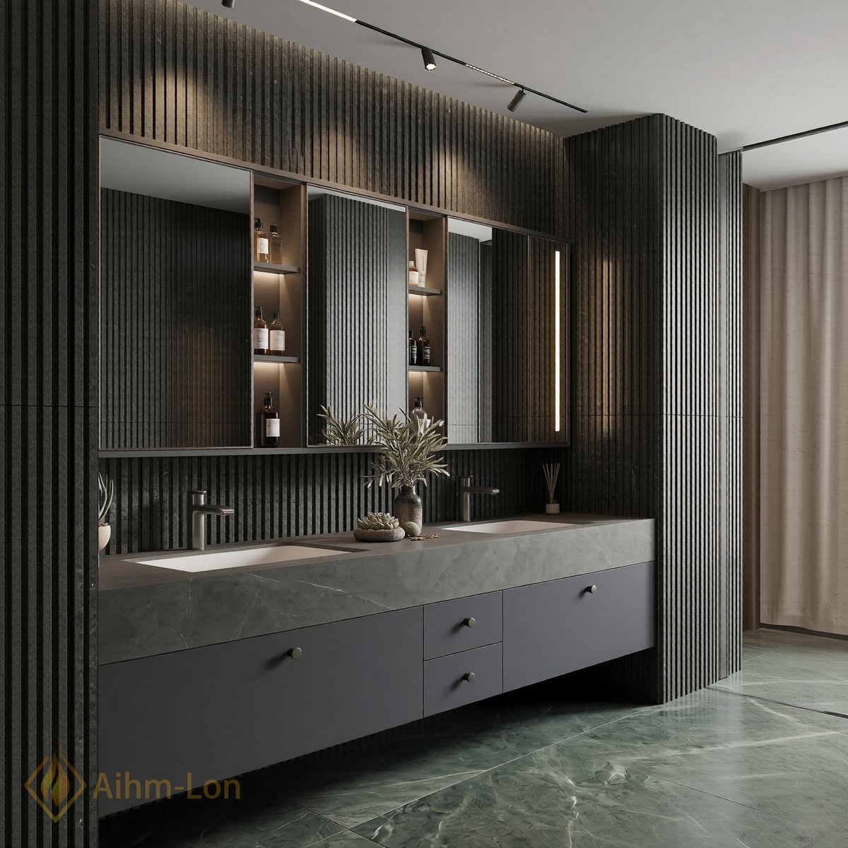 60''-96'' Double Bathroom Vanity with Sink Stone Look Slatted Back Mirror Cabinet