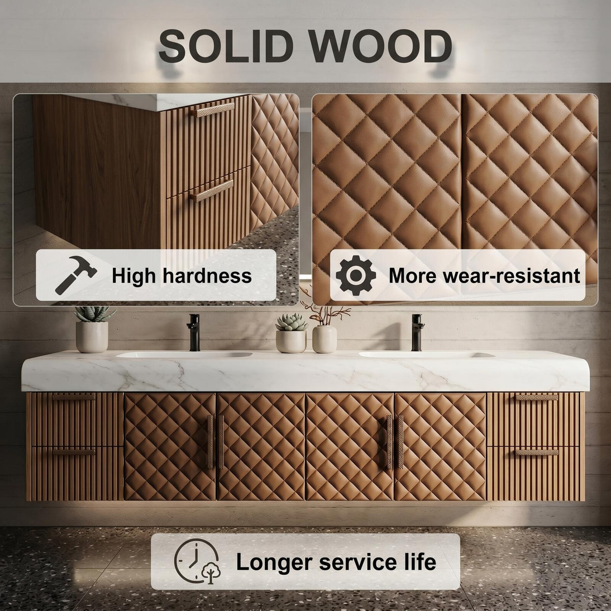 60''-96'' Double Bathroom Vanity with Sink Modern Floating Quilted Leather-Style Solid Wood