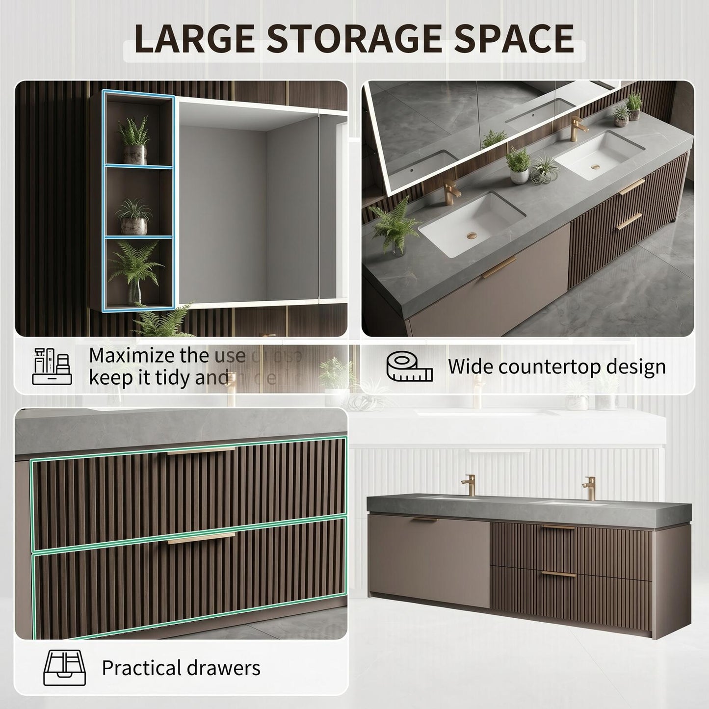 60''-96'' Modern Bathroom Vanity with Sink Double Sink Slatted Front Panels Mirror Cabinet
