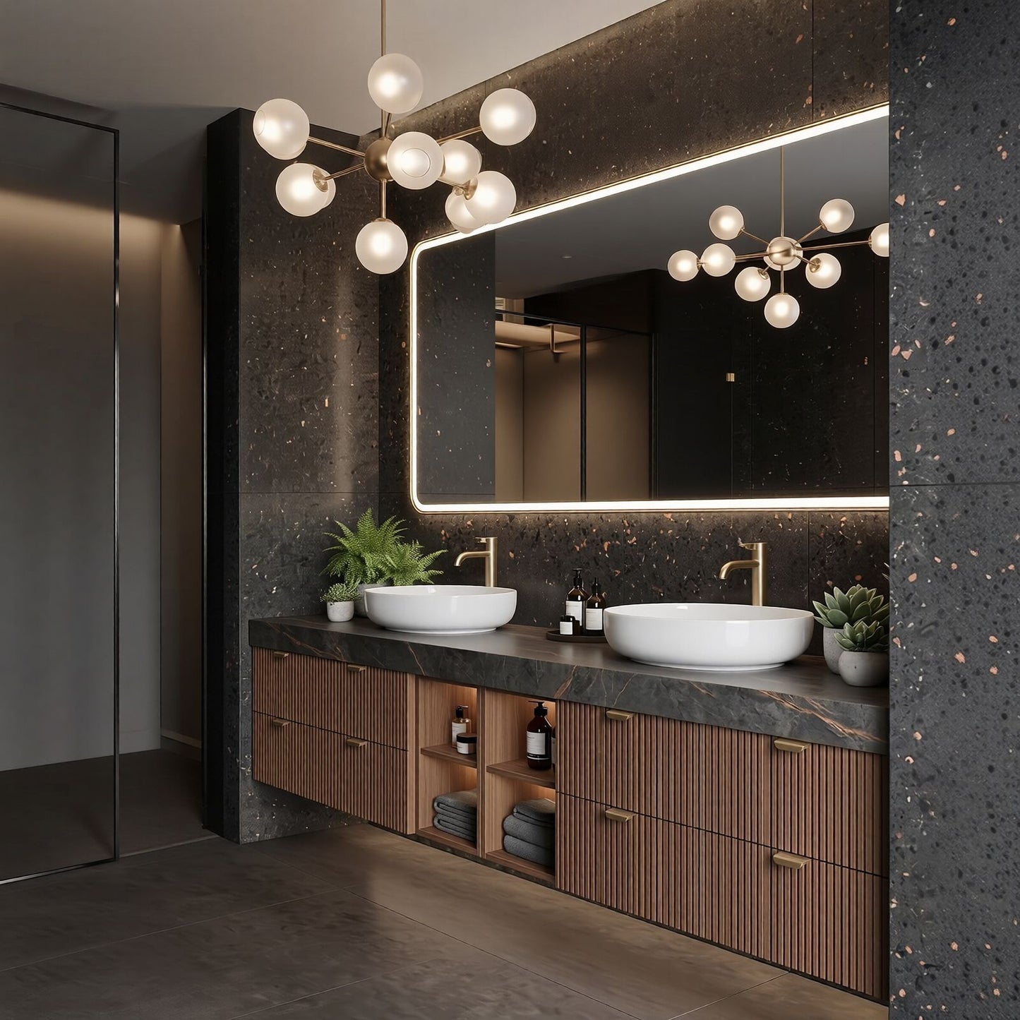 60''-96'' Modern Bathroom Vanity with Sink Dark Stone-Textured Wooden Slatted Front Panels