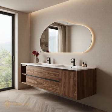 70''-96'' Modern Bathroom Vanity with Sink Floating Walnut Marble Open Side Shelves