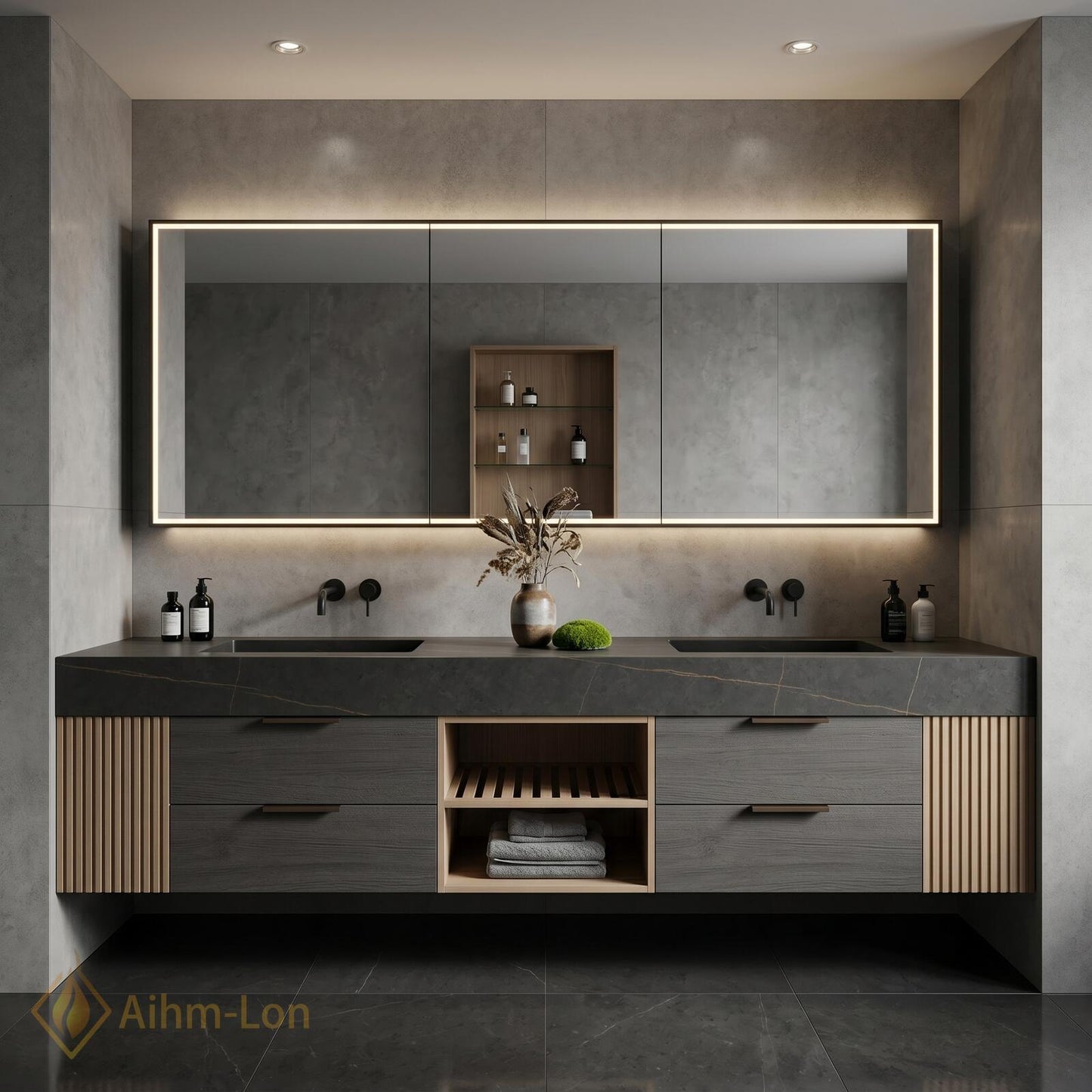 60''-96'' Bathroom Vanity with Sink Modern Floating Dark Stone Finish Slatted Side
