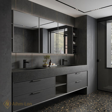 60''-96'' Bathroom Vanity with Sink Modern Floating Dark Stone Top Open Mirror