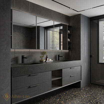 60''-96'' Bathroom Vanity with Sink Modern Floating Dark Stone Top Open Mirror