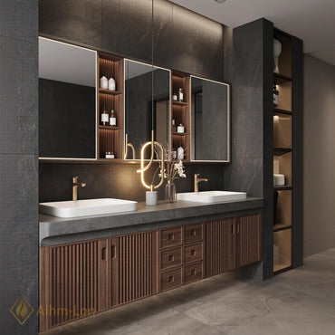 76''-96'' Bathroom Vanity with Sink Floating Vanity Walnut Finish Slatted Doors Dark