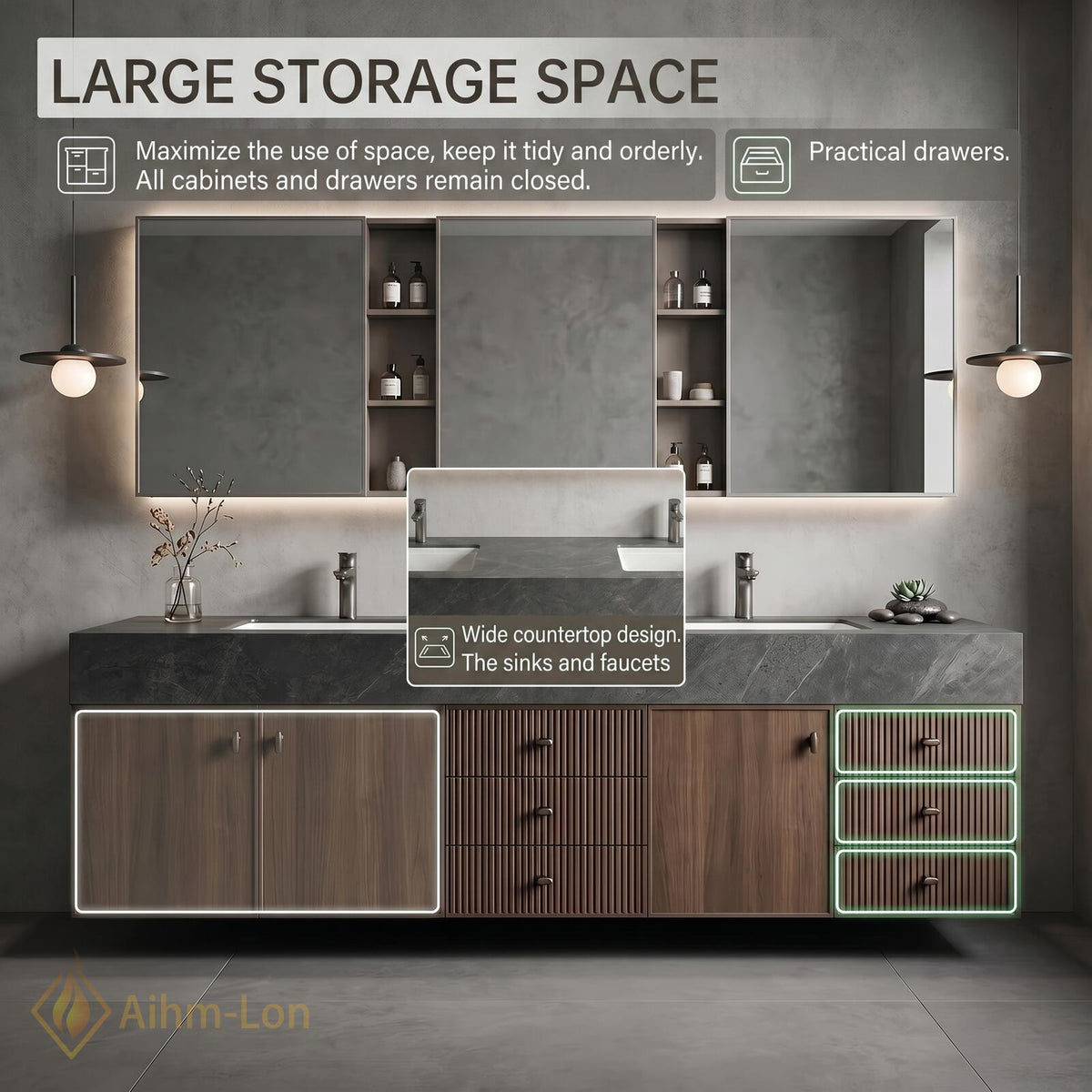 60''-96'' Double Bathroom Vanity with Sink Modern Floating Dark Stone Top Ribbed