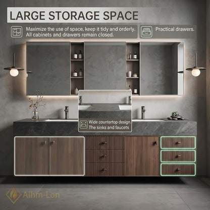 60''-96'' Double Bathroom Vanity with Sink Modern Floating Dark Stone Top Ribbed