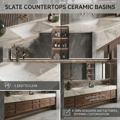 60''-96'' Double Bathroom Vanity with Sink Modern Floating Marble-Style Top Deep Wood Drawers