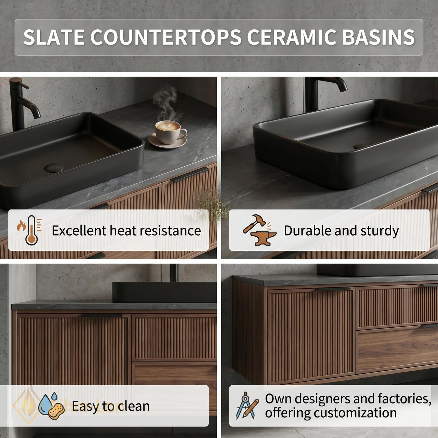 76''-96'' Double Bathroom Vanity with Sink Dark-Walnut Wood Modern Floating Basin
