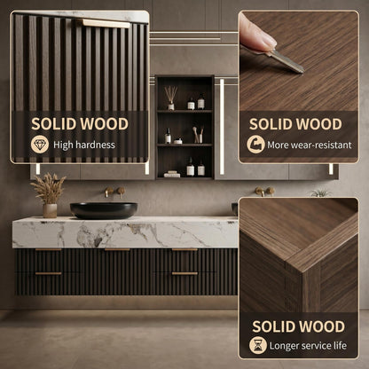 70''-96'' Modern Bathroom Vanity with Sink Double Basin Dark Walnut Slatted Panel