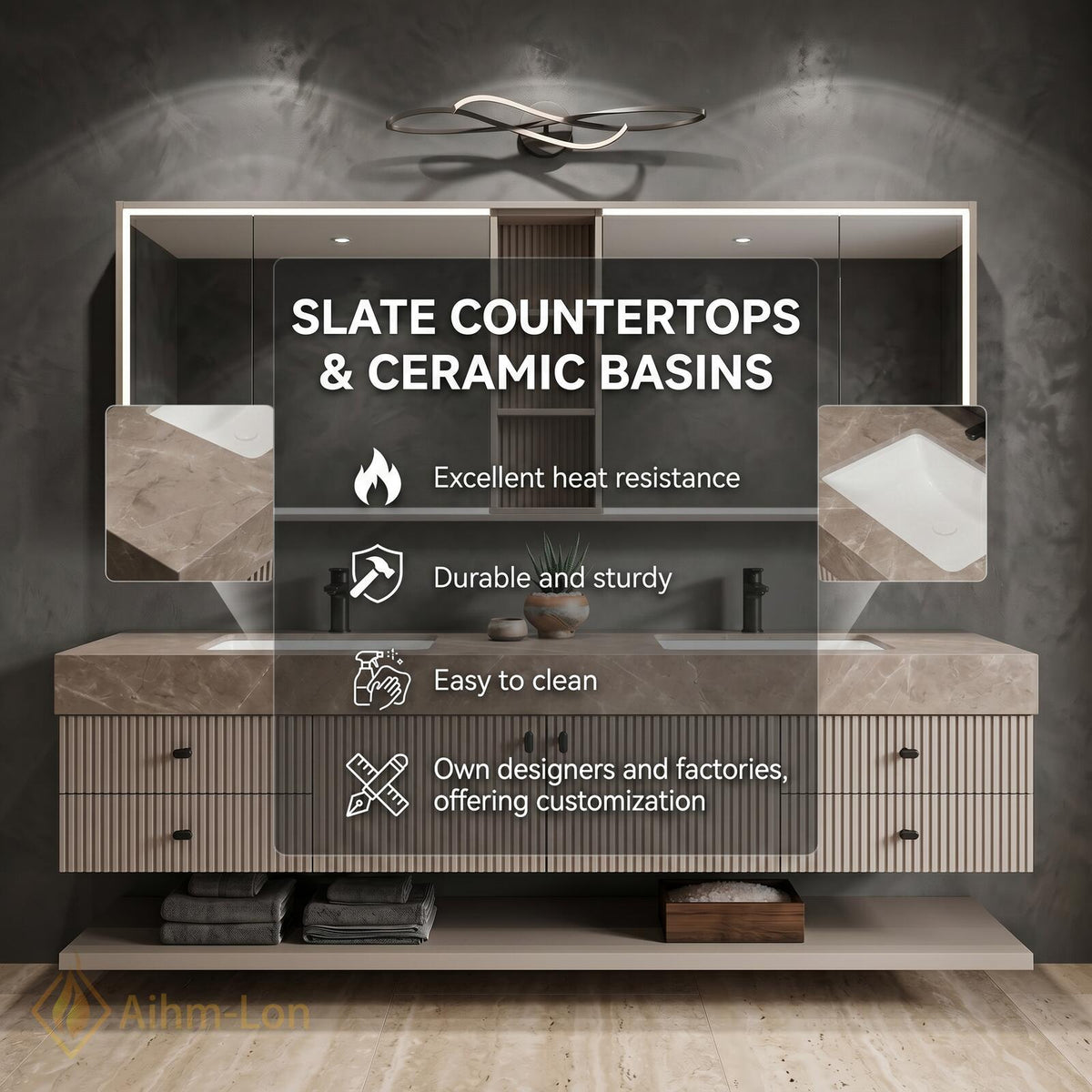 60''-96'' Sleek Floating Bathroom Vanity with Sink Fluted Vertical Panels Marble-Textured Countertop