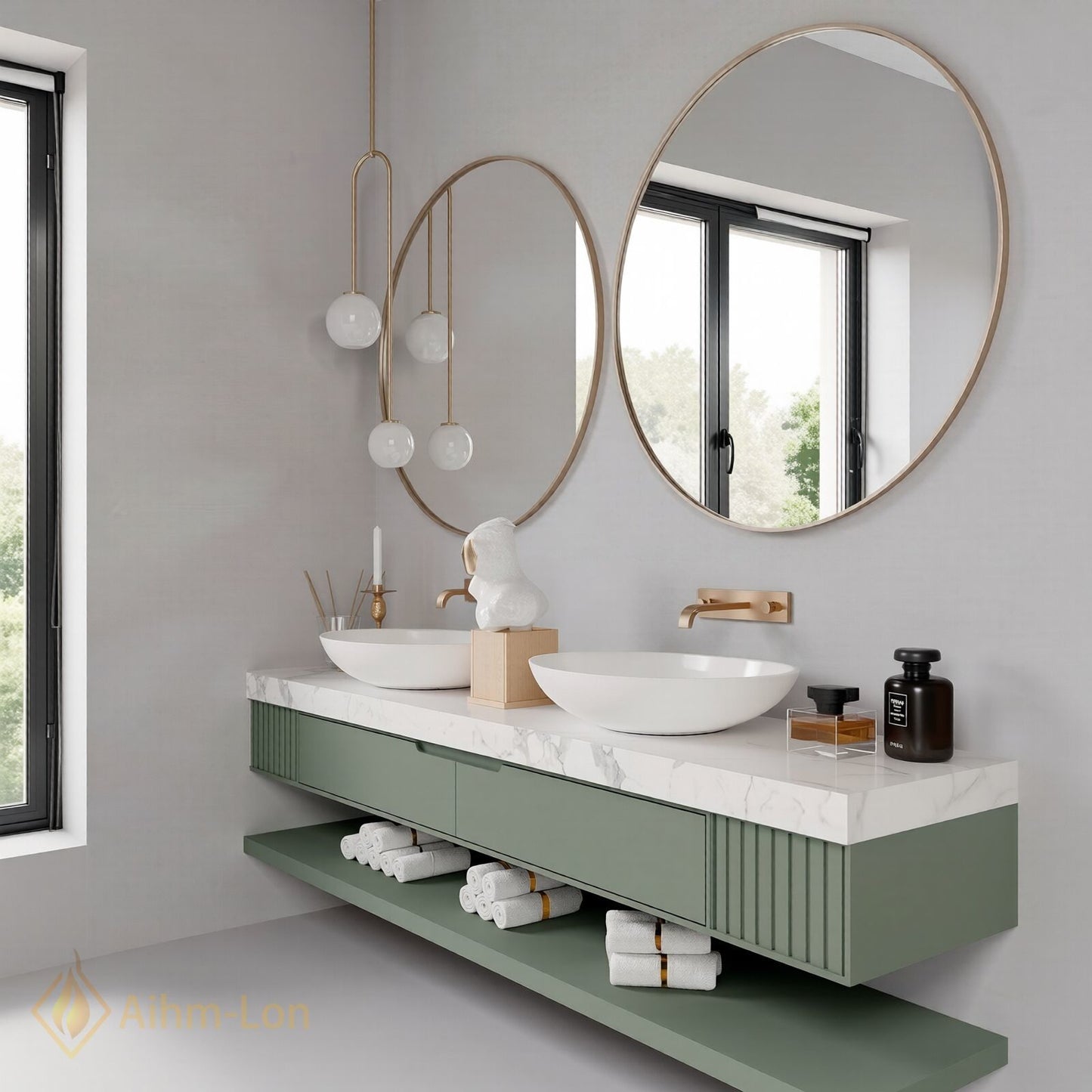 60''-96'' Double Bathroom Vanity with Sink Marble-look Countertop Separate Drawers Shelf
