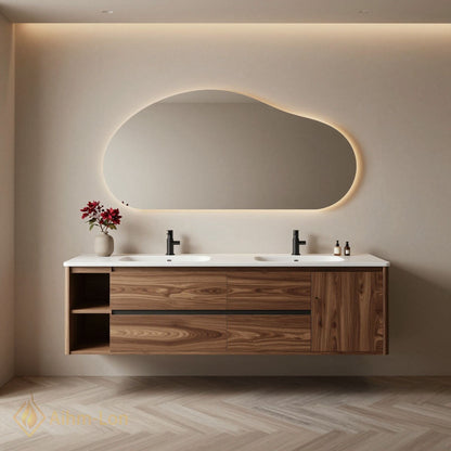 70''-96'' Modern Bathroom Vanity with Sink Floating Walnut Marble Open Side Shelves