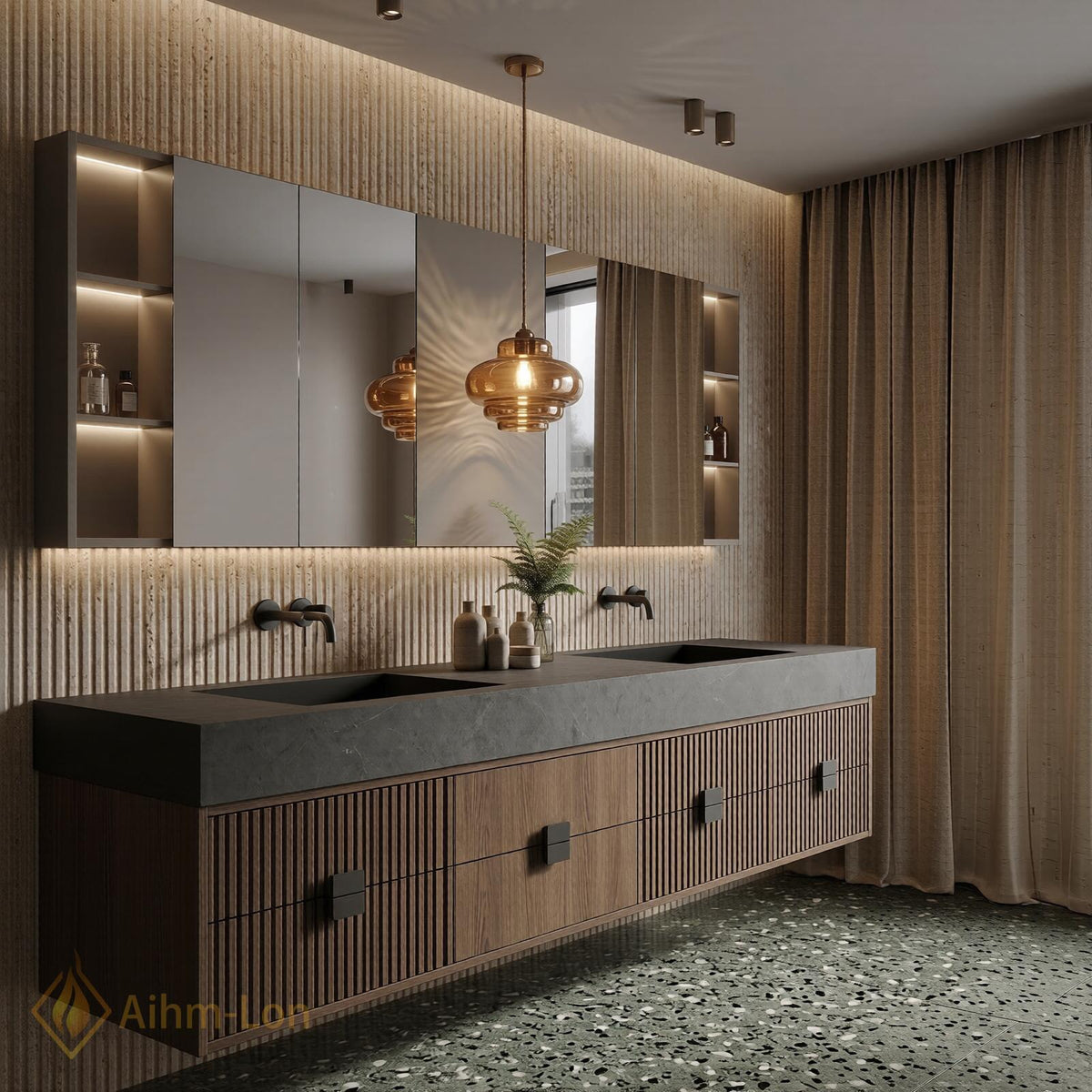 60''-96'' Double Bathroom Vanity with Sink Modern Floating Slatted Wood Front Sleek