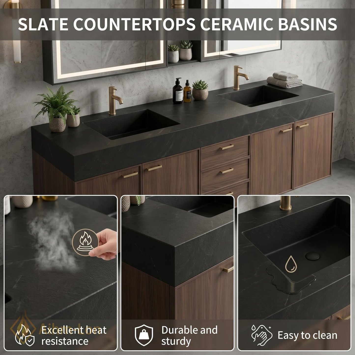 60''-96'' Contemporary Double Bathroom Vanity with Sink Dark Stone Rich Wood Grain