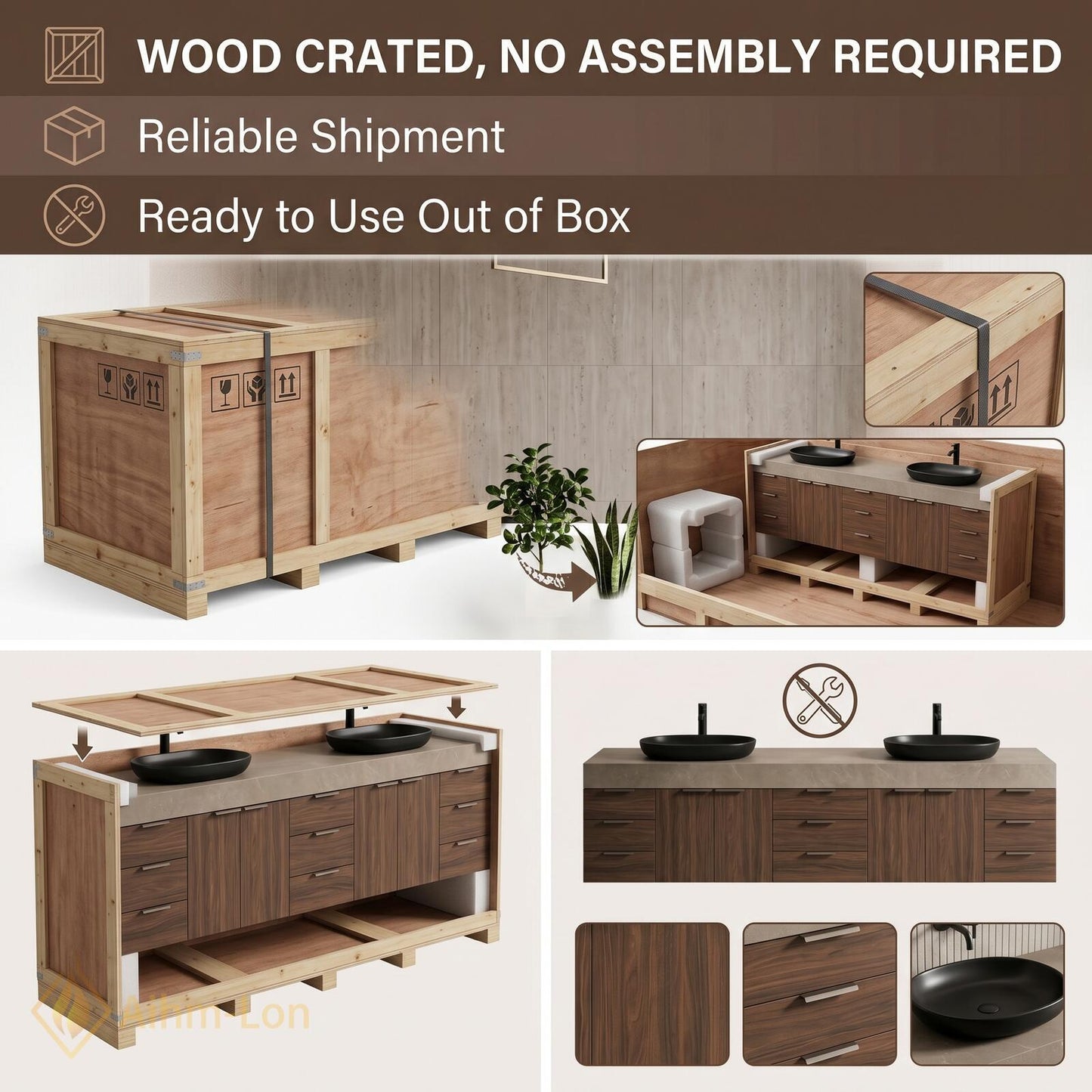 72''-96'' Double Bathroom Vanity with Sink Wood Stone-Top Grain Open Drawers