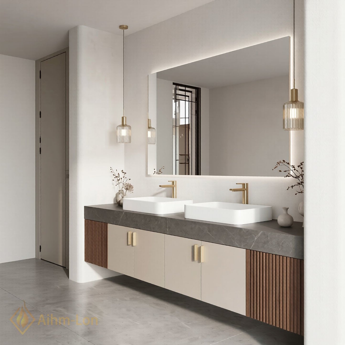 60''-96'' Double Bathroom Vanity with Sink Grey Modern Stone-Top Slatted Wood Panels