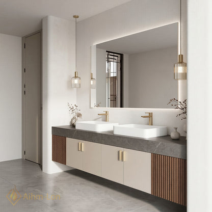 60''-96'' Double Bathroom Vanity with Sink Grey Modern Stone-Top Slatted Wood Panels
