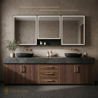 60''-96'' Double Bathroom Vanity with Sink Dark Stone Top Slatted Wood Drawers