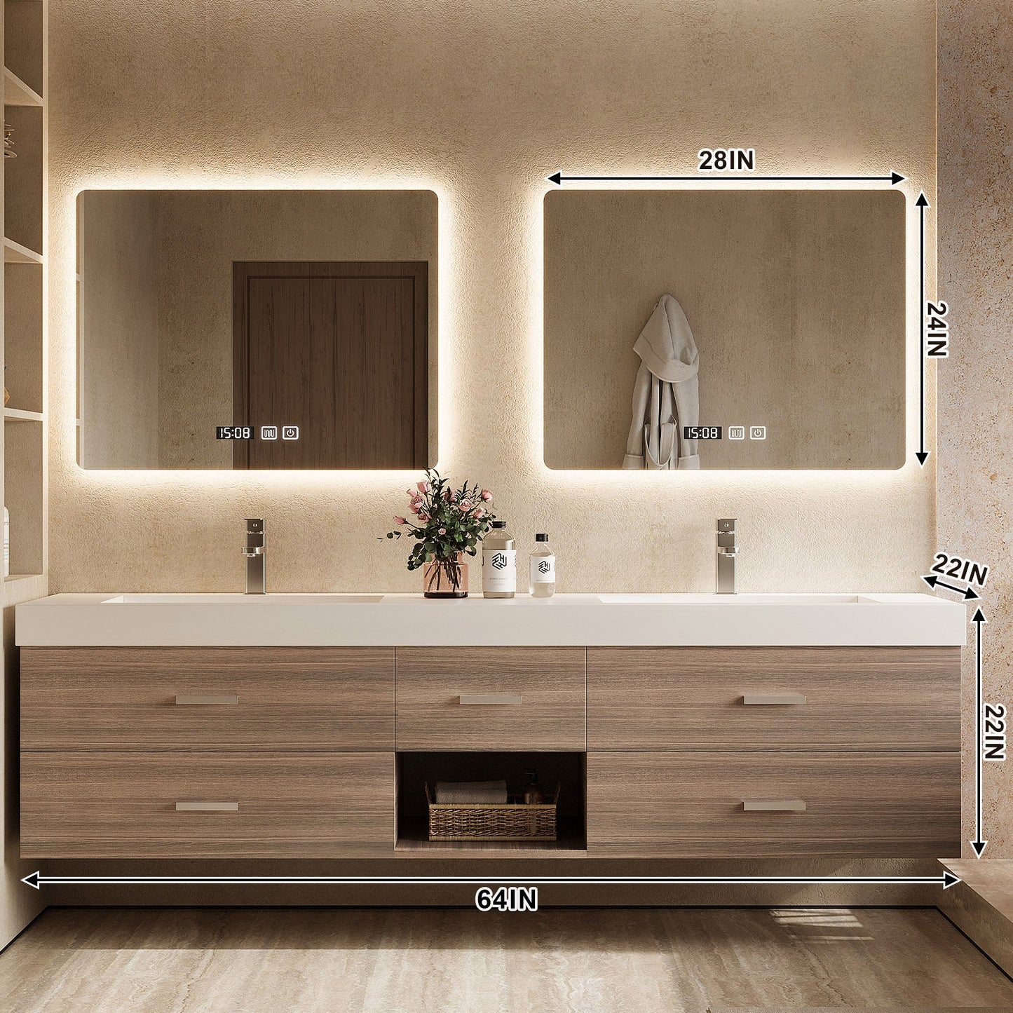 56"- 78"Floating Bathroom Vanity Includes Five Brown Wood Design Drawer