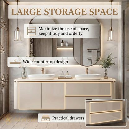 60''-96'' Double Bathroom Vanity with Sink Floating Matte Cream Wide Countertop Space