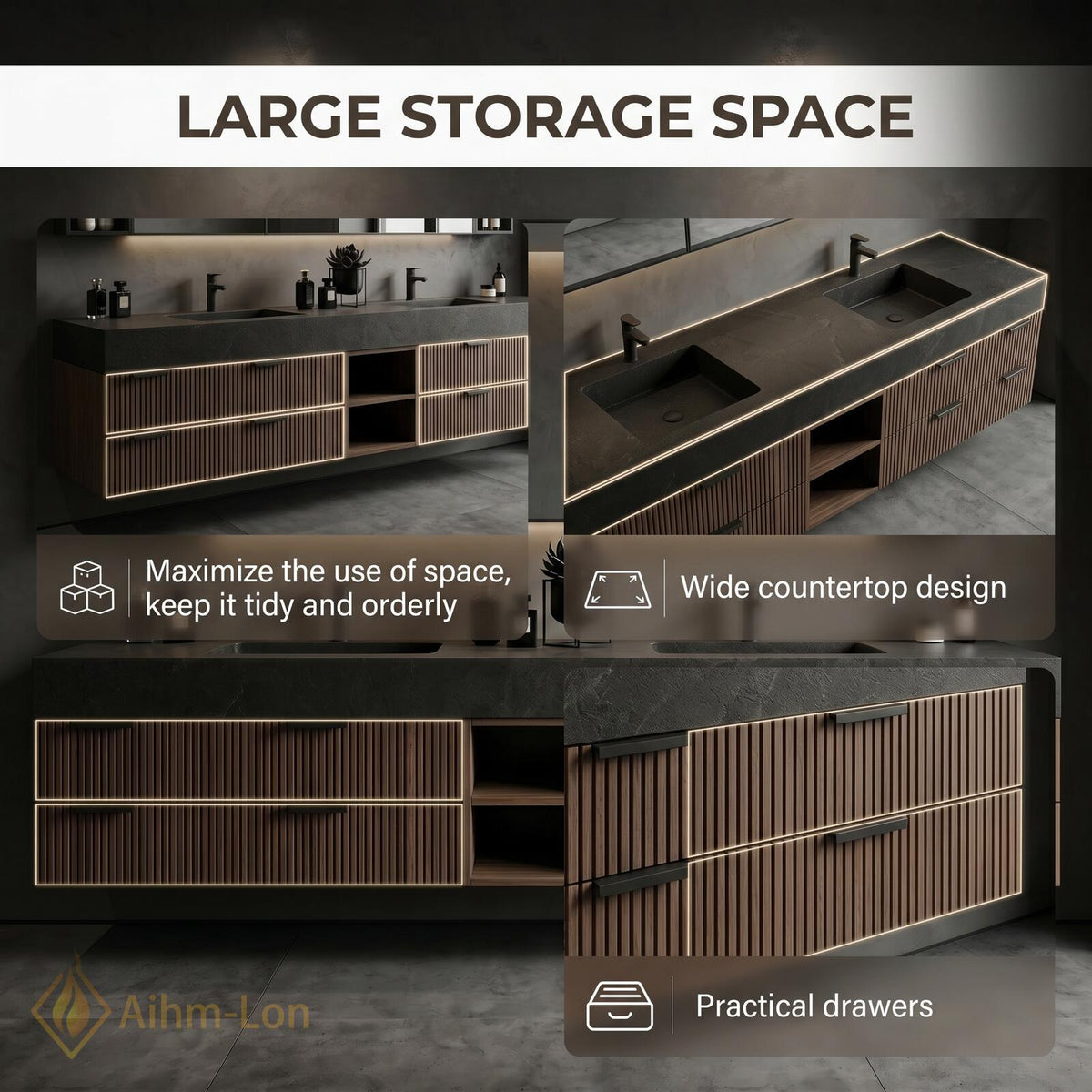 60''-96'' Bathroom Vanity with Sink Modern Floating Slatted Panels Open Center Dark