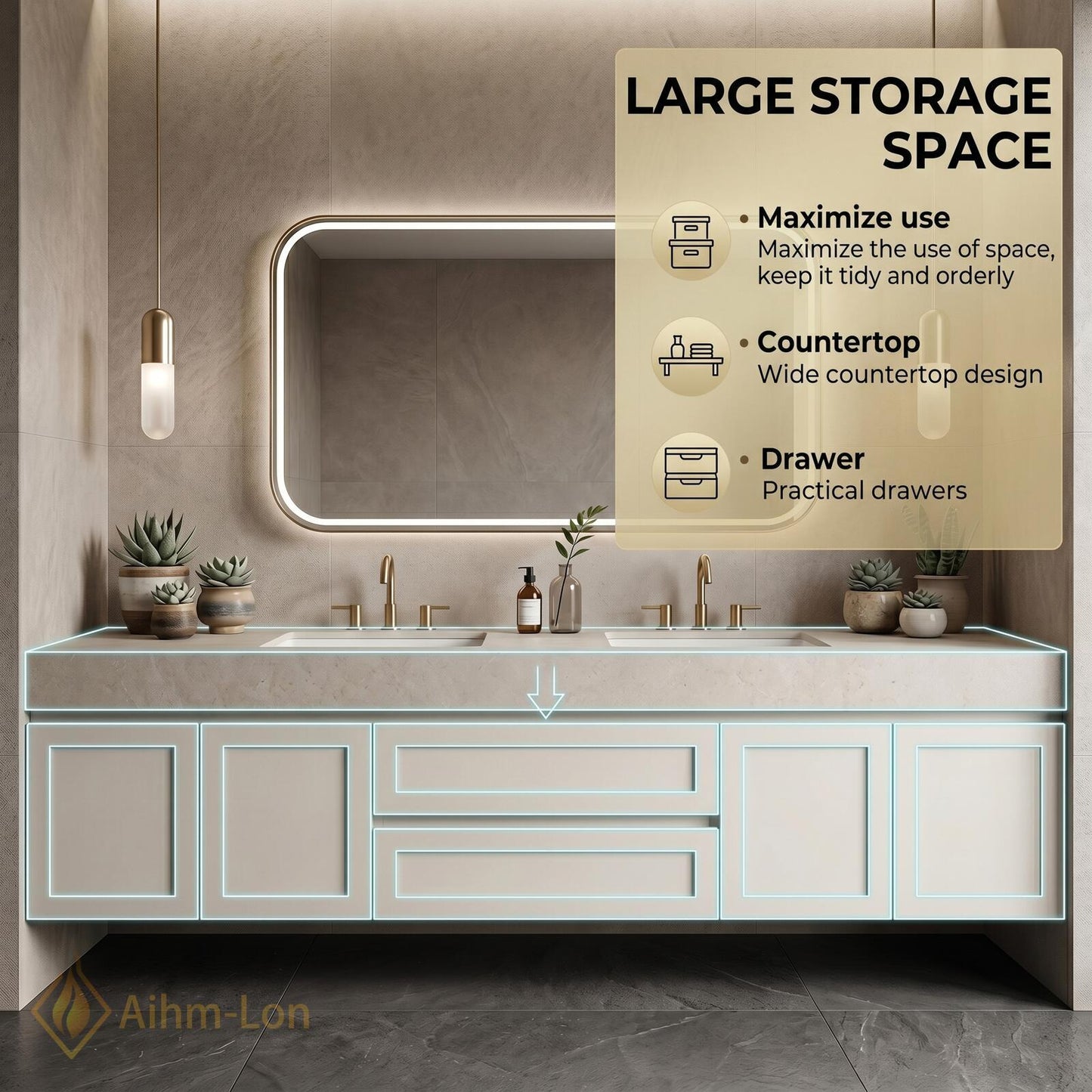 60''-96'' Double Bathroom Vanity with Sink Floating Surface Drawers Modern Elegant Smooth